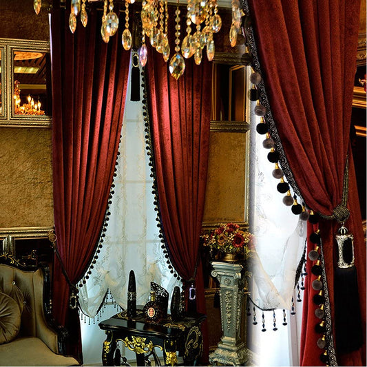Luxury Velvet Curtains with Tassel Trim, Vintage Bohemian Style, Blackout Drapes with Decorative Tiebacks for Living Room or Bedroom(Burgundy, (52W×84L)×2)