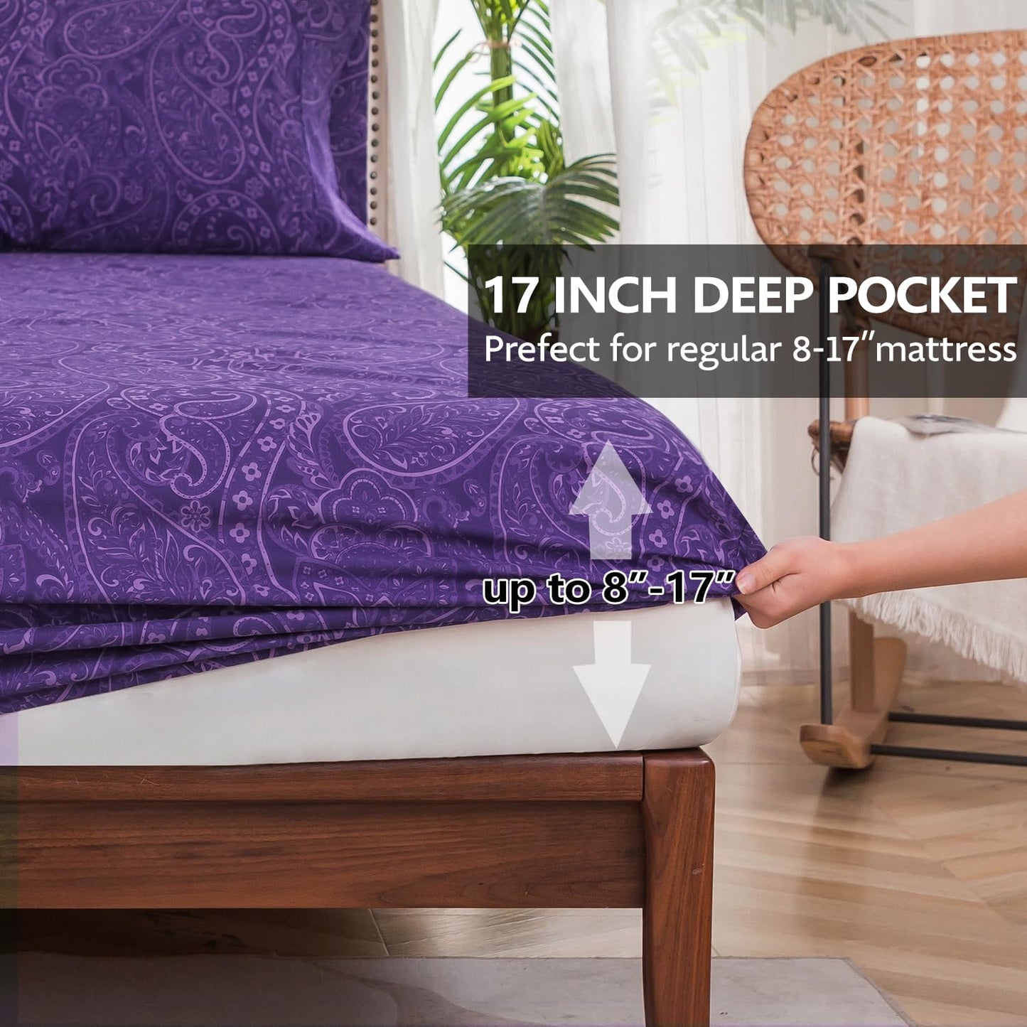 KACEMOO Cal King Sheet Set, California King Size Bed Sheets, Deep Pocket Purple Paisley Sheets Set, Soft Fitted Sheets Set Microfiber Breathable