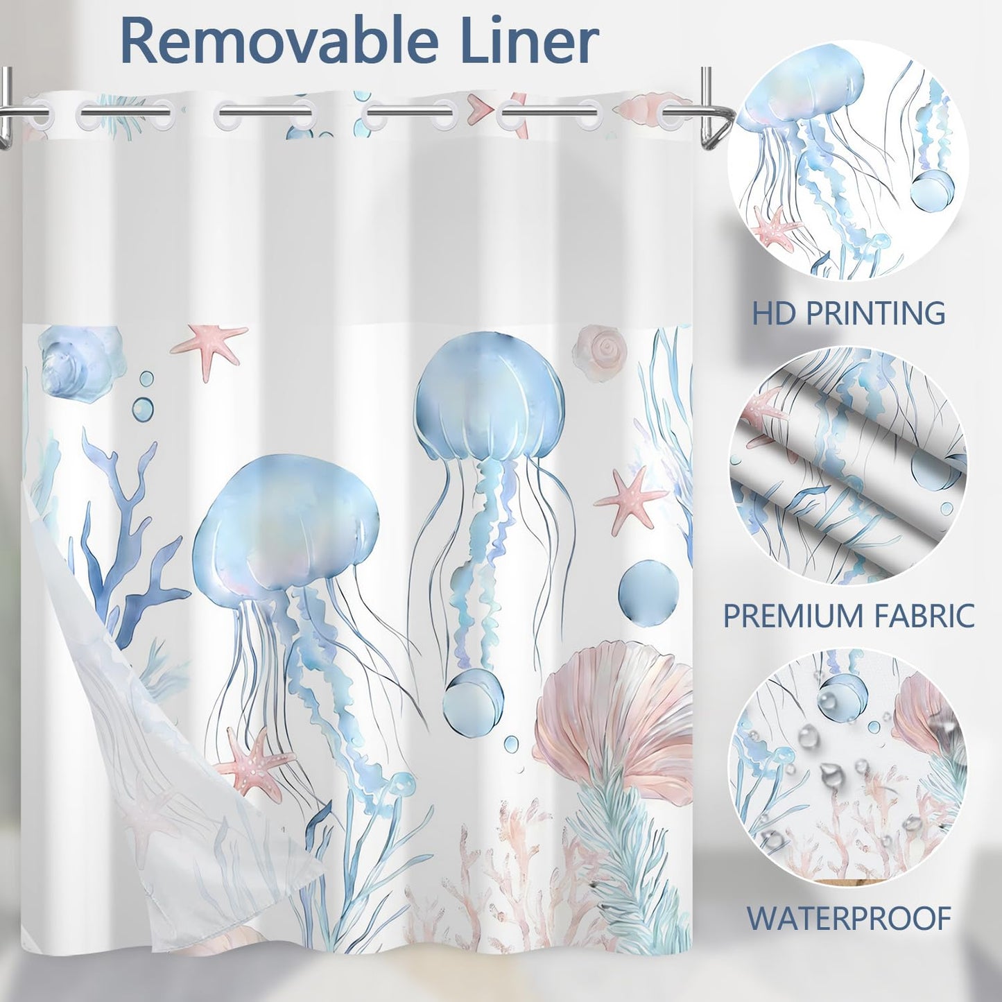 Xiazhilaio Ocean Jellyfish No Hook Shower Curtain and Liner Set 71x74 Inch