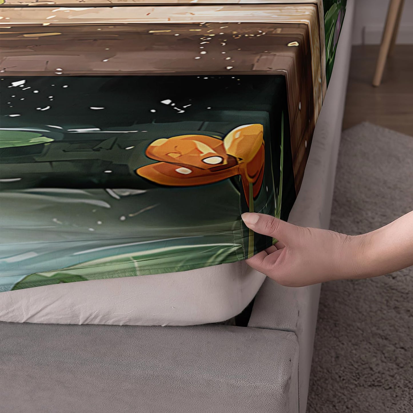 UEVBF Frog Bedding Set Full Size,Pond Grass Flowers Pattern Fitted Sheet for Kids Girls Boys Bedroom Decor,Green Nature Insect Themed Bedding Sets,1 Fitted Sheet+2 Pillowcases.