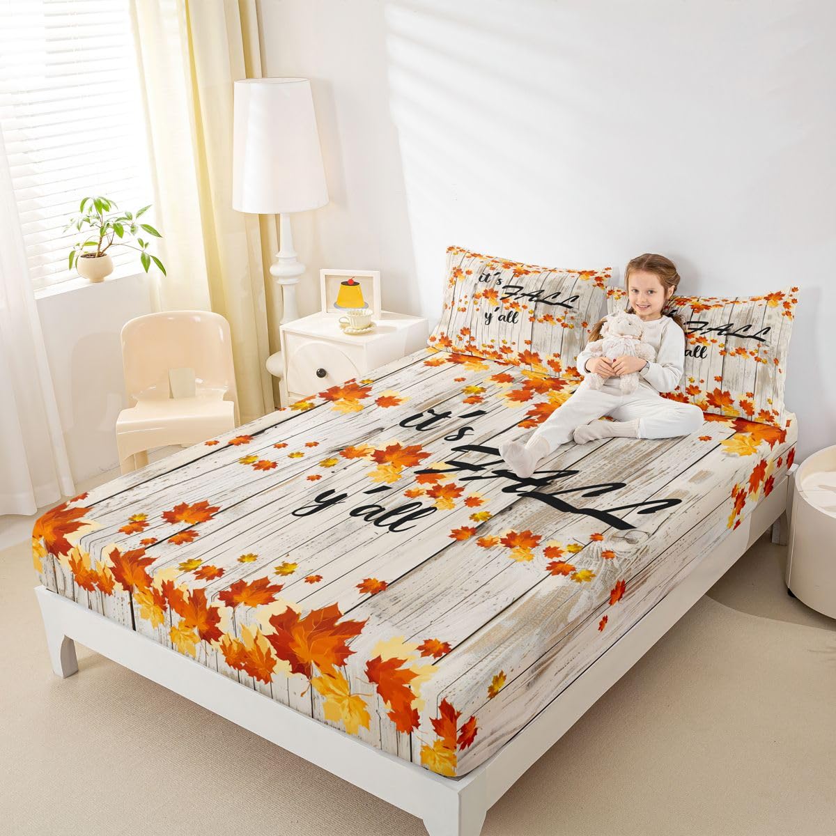 Fall Maple Leaves Sheet Set Queen Autumn Nature Botanical Bed Sheets Rustic Farmhouse Fall Bedding Set For Kids Adults Soft Breathable Fitted Sheet Orange Gold Beige Flat Sheet 2 Pillow Cases