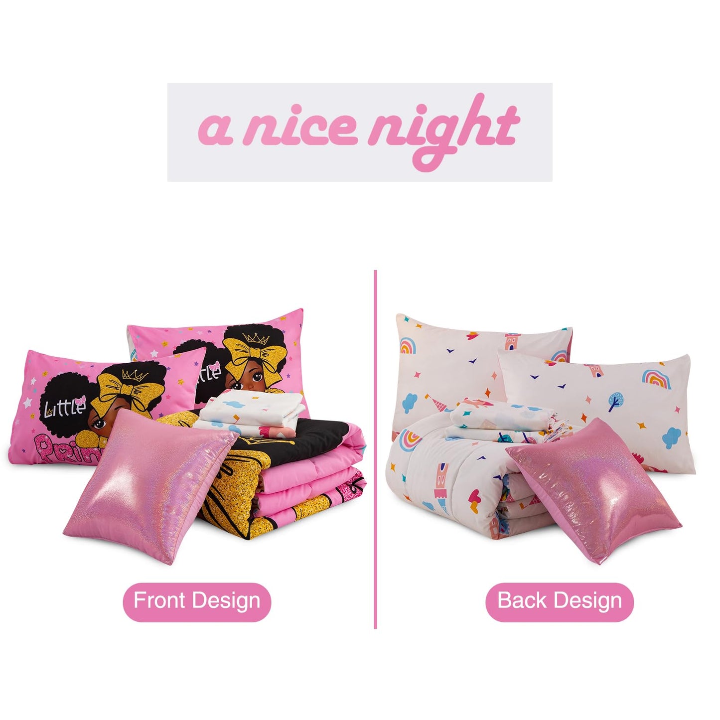A Nice Night Black Girl Little Princess Comforter Set, Pink 6Pcs Bed in A Bag Twin Size Sparkling Stars Bedding Set,for Kids, Girls