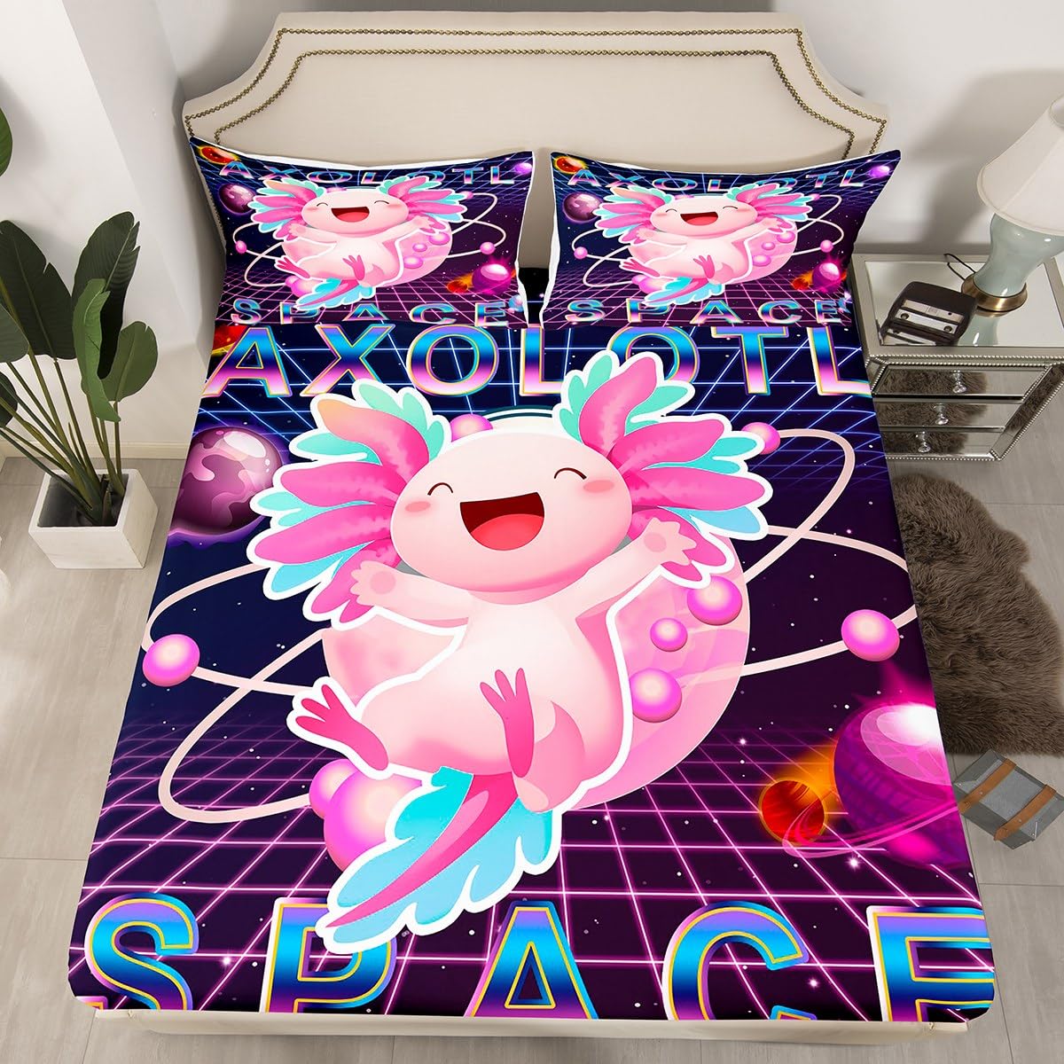Kawaii Axolotl Bedding Set Twin for Boys Kids Galaxy Starry Sky Fitted Sheet Teens Girls Universe Outer Space Fitted Bed Sheets Cute Reptiles Animal Coastal Axolotl Bedspread Cover with 1 Pillowcase