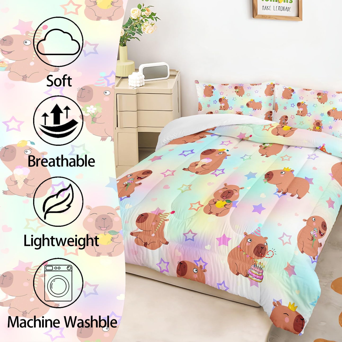AILONEN Kawaii Capybara Comforter Set Queen Size,Cute Cartoon Capybara Rainbow Bedding Set for Girls Kids,Lovely Animal Star Quilt & 2 Pillowcases-3 Pieces