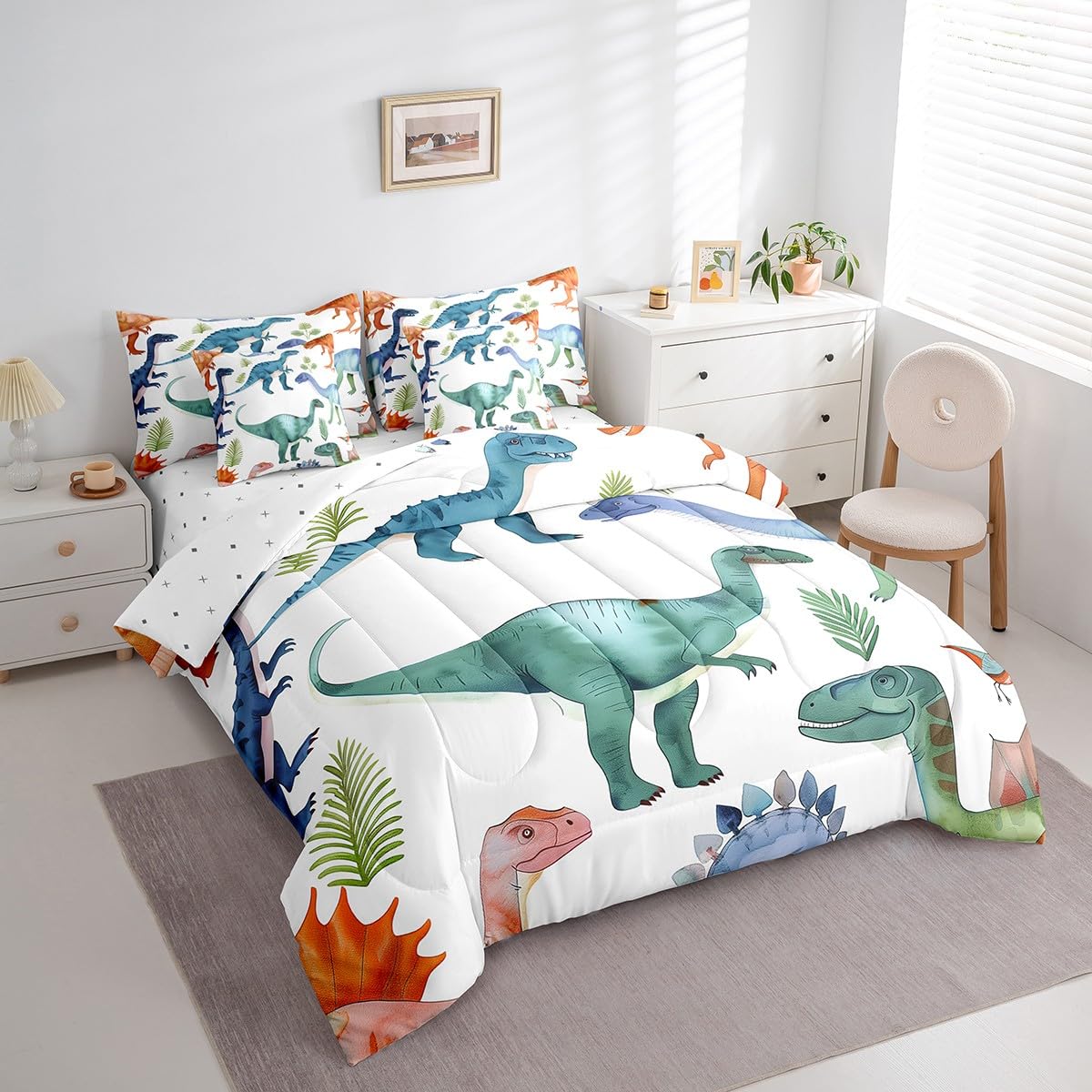 Erosebridal 7 Pcs Dinosaur Comforter Set Twin Colorful Dinosaur Quilt with Flat Fitted Sheet Wildlife Botanical Bedding Sets Jungle Ancient Animals Bed in A Bag