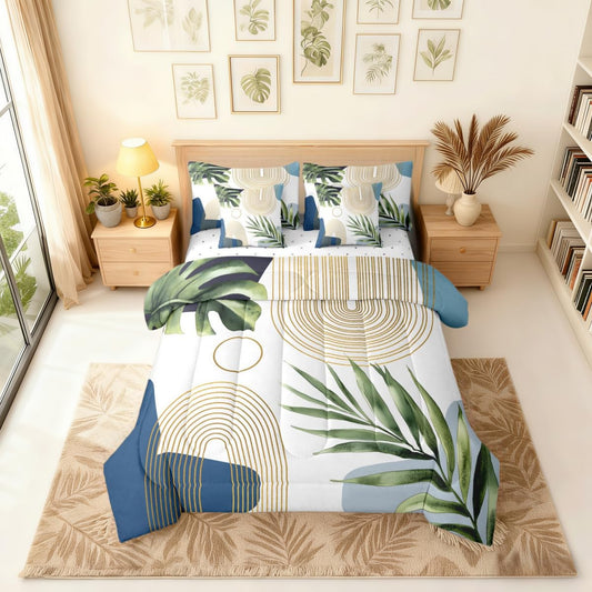 Erosebridal Boho Blue Green Full 7 Pcs Bedding Set, Mid Century Abstract Comforter Set with Sheets, Bohemian Tropical Palm Leaf Botanical Bed Sets, Modern Minimalist Geometric Aesthetic Bed in A Bag