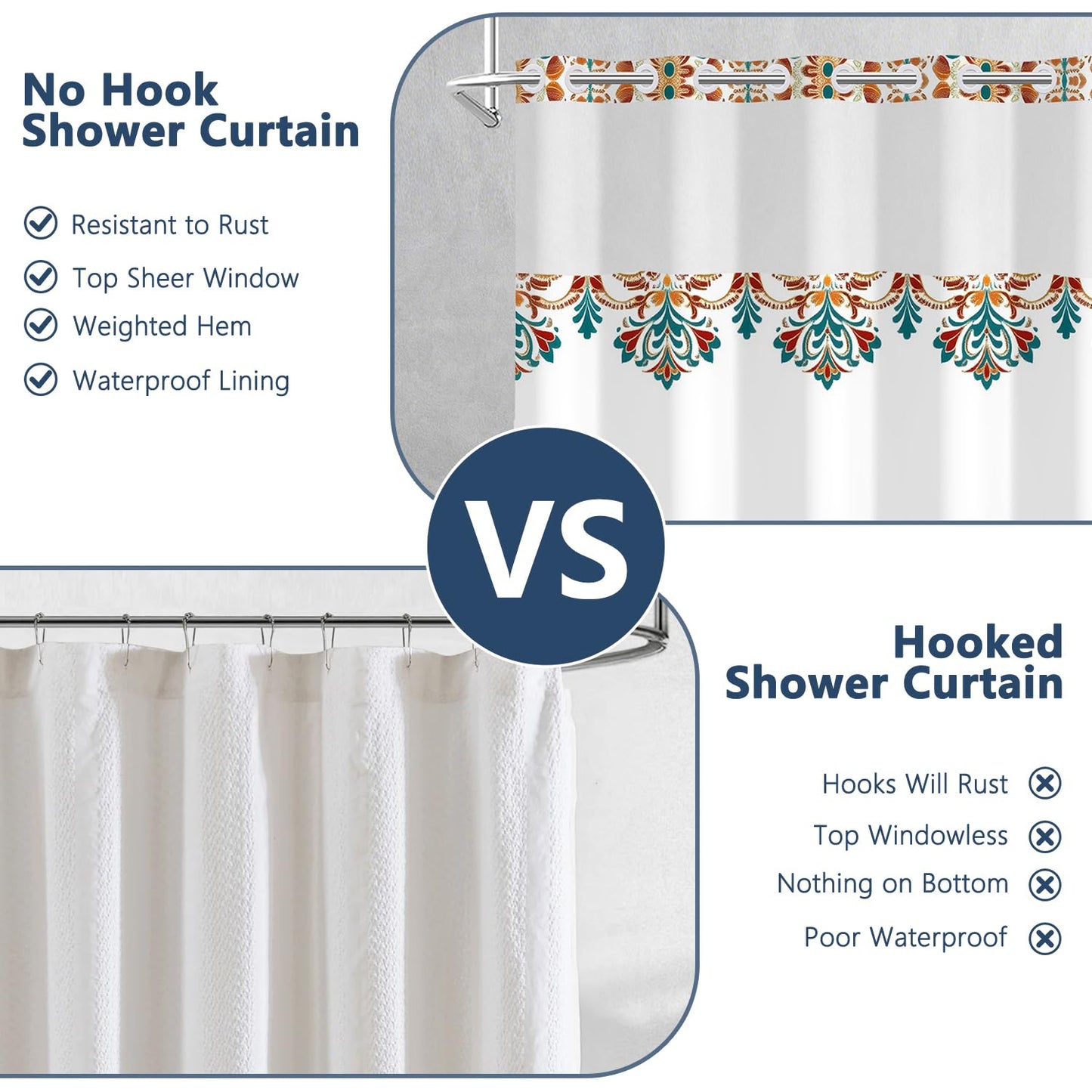 Boho Paisley Damask Shower Curtain with Snap in Liner, Vintage Bohemian Red Floral Exotic Bathroom Curtains, Double Layers Waterproof Fabric No Hook Shower Curtain and Weighted Hem, 71x74 Inch
