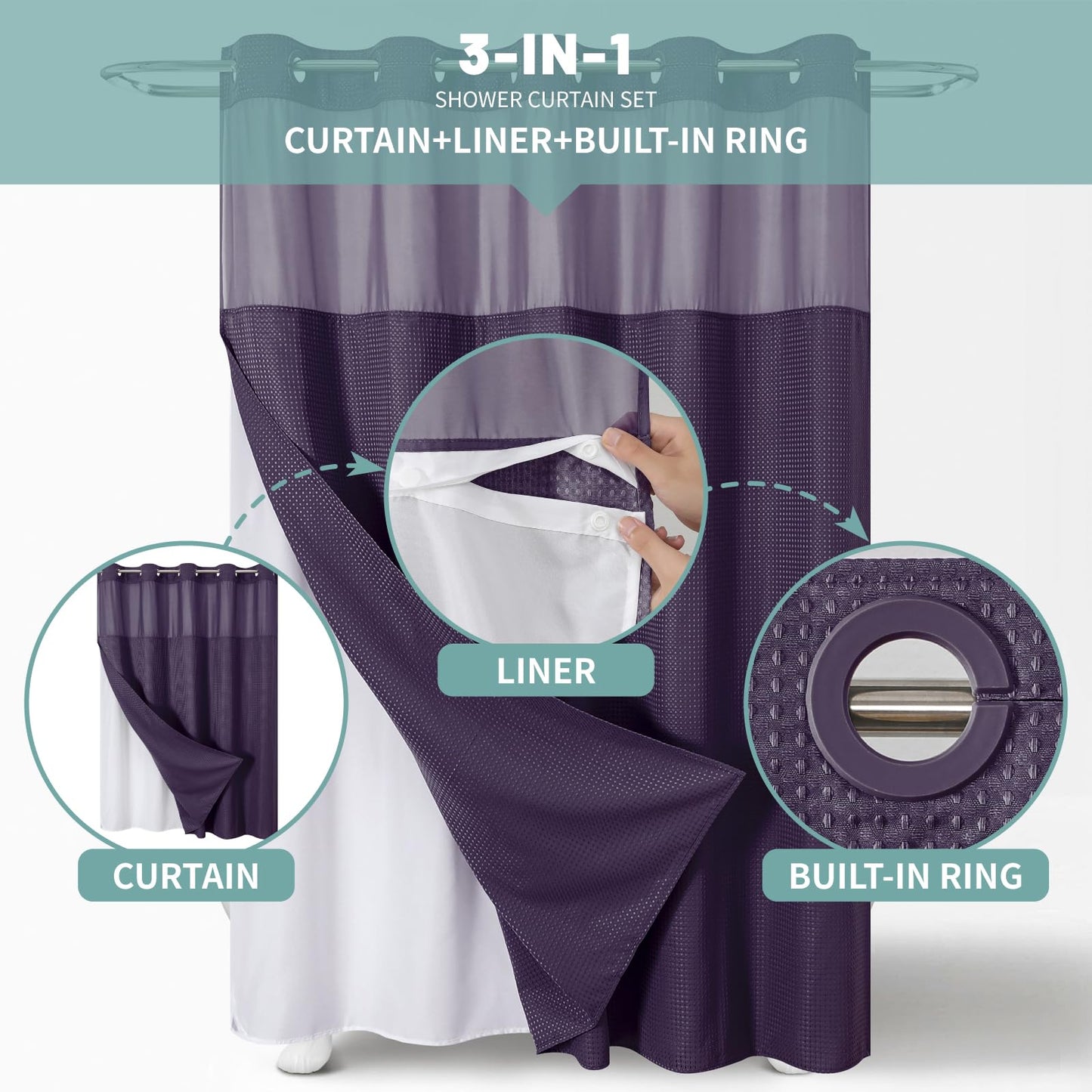 eachope Purple No Hook Waffle Weave Shower Curtain with snap-in Liner Replacement, 230GSM Waterproof Fabric Hotel Shower Curtain Set for Bathroom, Through Mesh Top Window,71Wx74H