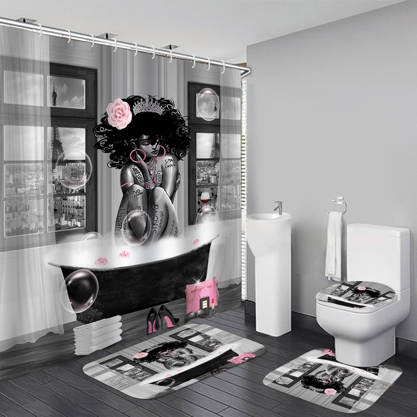 KOKGYM 4Pcs African American Shower Curtain Sets with Rugs, Black Girl Shower Curtain for Bathroom Decor Sets with Paris Eiffel Tower Art Pattern, Grey Waterproof juego de baño, with 12 PCS Hooks