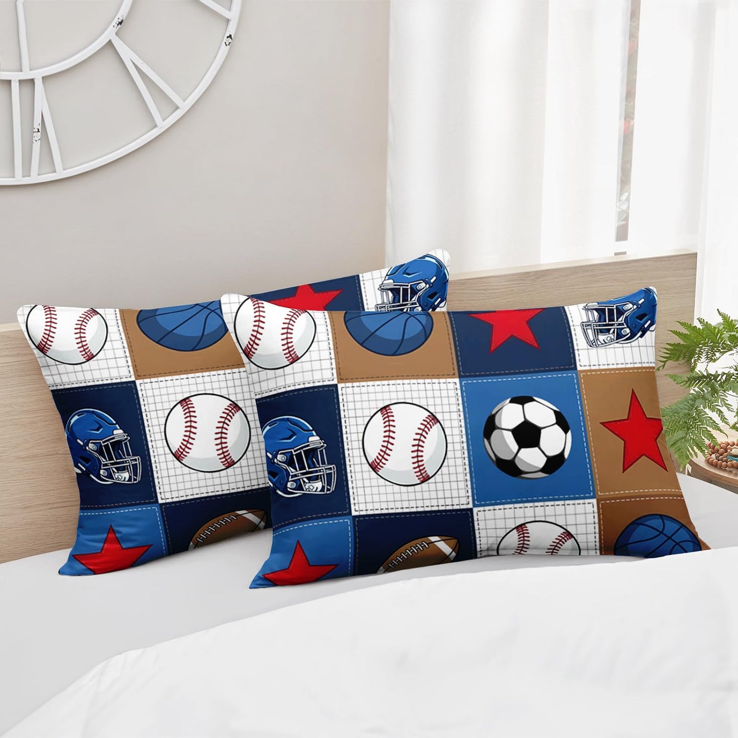 HOSIMA Ball Fitted Sheet Queen for Kids,Various Balls Pattern Sports Bedding for Teens Boys Room Decor,Lightweight Plaid Patchwork Bedding,1 Fitted Sheet+2 Pillowcases.