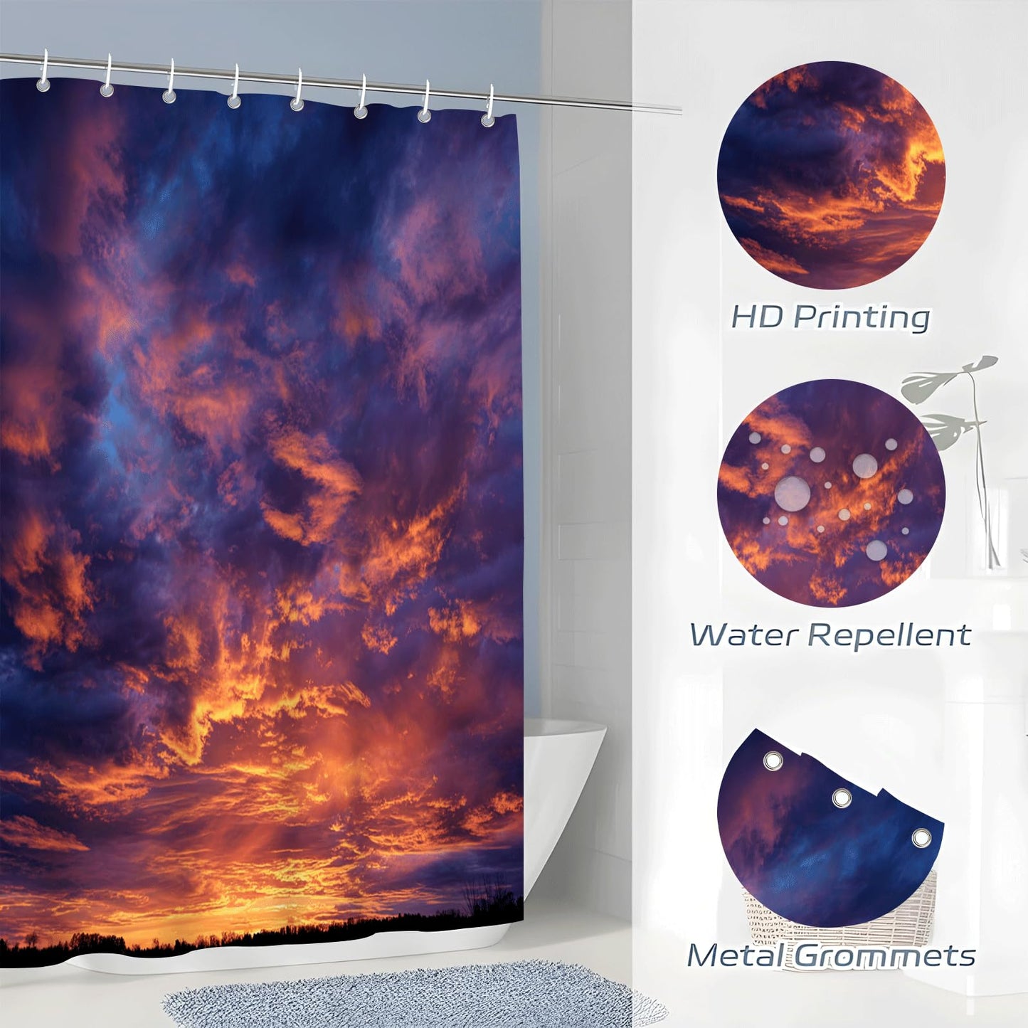 ZROLUW Orange Sky 3D Shower Curtains 72" W x 72" L Sunset Landscape Printed Waterproof Bathroom Curtain Fabric with Hook