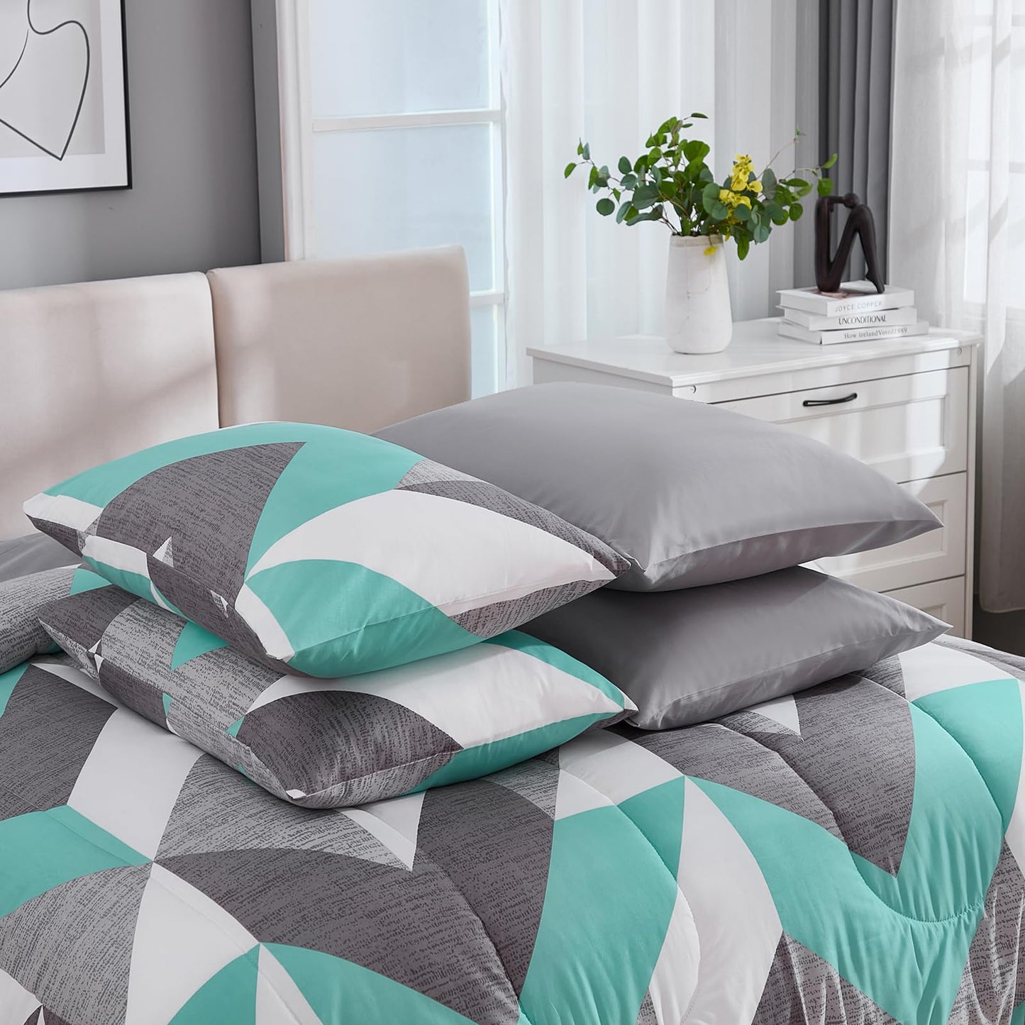 Bedbay Teal Grey Queen Comforter Set with Sheets 8 Pcs Queen Bed in a Bag Modern Geometric Chevron Print Luxury Western Bedding 1 Comforter 4 Pillowcases 1 Flat Sheet 1 Fitted Sheet 1 Cushion Cover