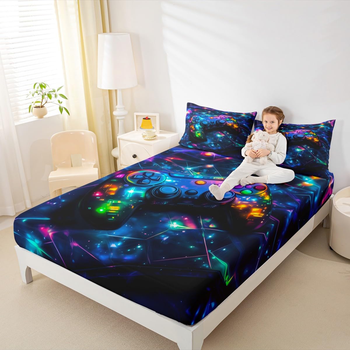 Feelyou Kids Gamer Bed Sheets Set Full Size, Galaxy Gaming Sheet Set Glitter Game Comforter Cover Boys Girls Gamepad Teens Bedspread Cover Bedroom Decor with 2 Pillow Case