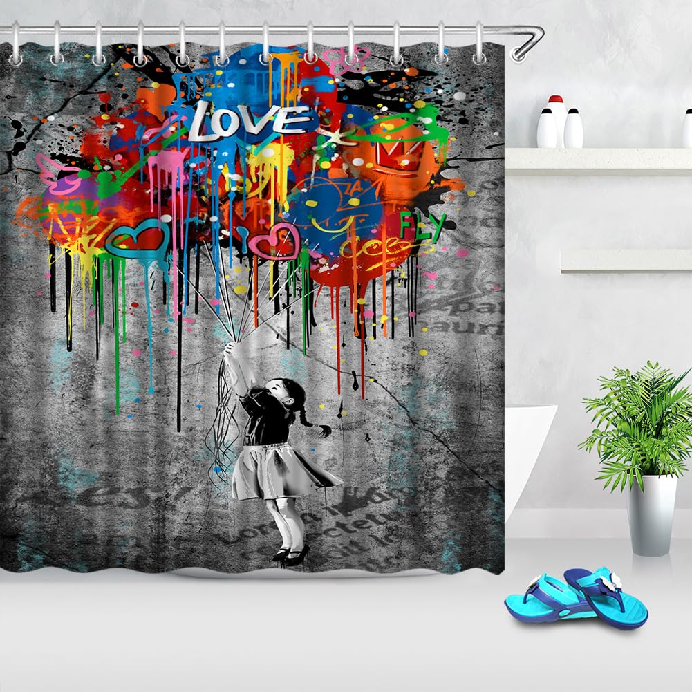 Graffiti Shower Curtain Banksy Teens Girls Colorful Bathroom Decor