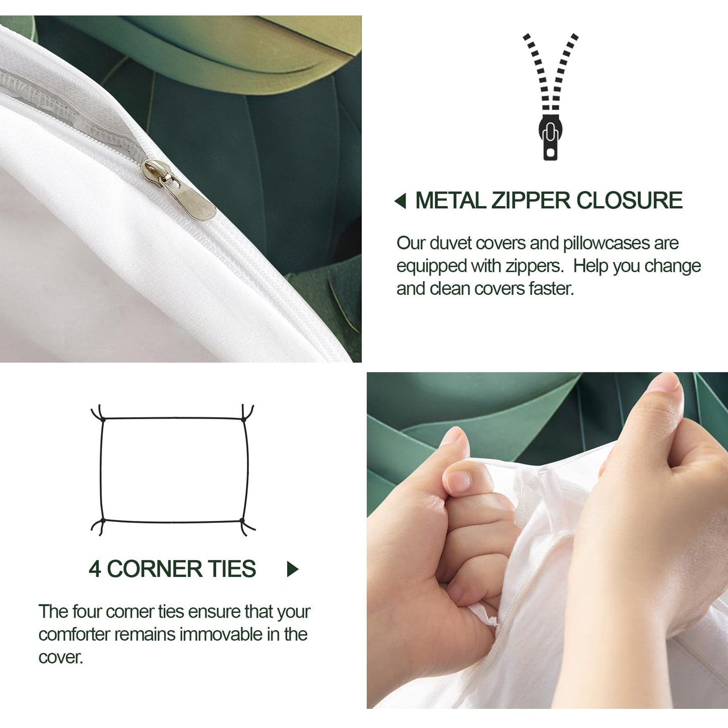 ZAMODE Leaf Duvet Cover 104" x 90", Tropical Leaves Bedding Set, Green Botanical Comforter Cover with Zipper Ties