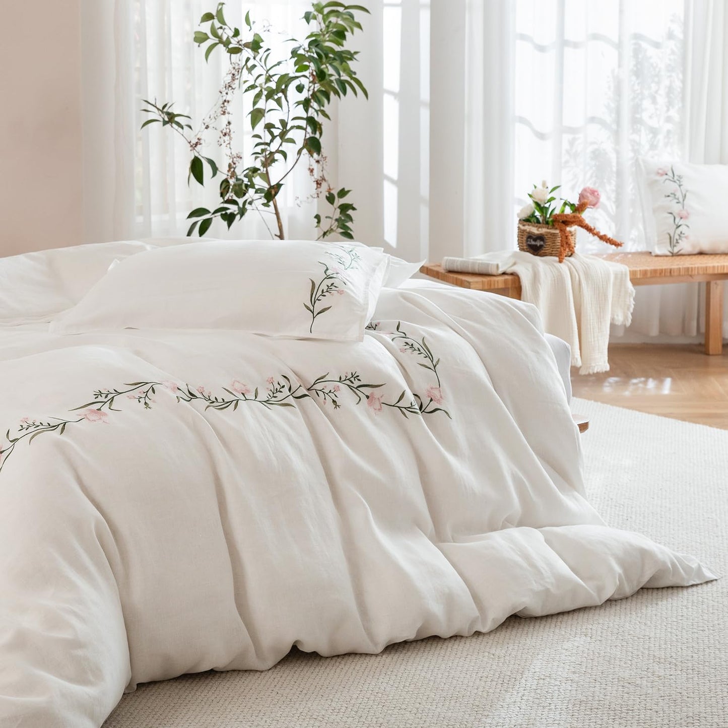 EVERLY 100% Pure Linen Duvet Cover Set Queen Size90X90Inch 3pcs (1 Duvet Cover,2 Pillowcases) Soft and Breathable for All Season with Coconut Button Closure, Suitable for Hot Sleepers-Linen-Queen
