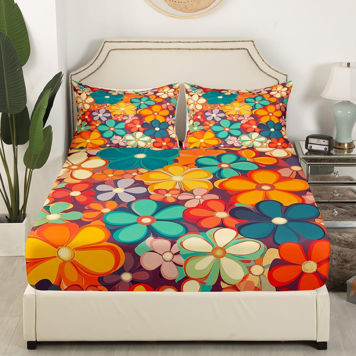 Erosebridal Groovy Flower Queen Sheets 70s Party Sheet & Pillowcase Sets Rainbow Floral Bed Sheets Boho Hippie Sheet Set Vintage Retro Party Top Sheet for Girl Woman Microfiber 4pcs…
