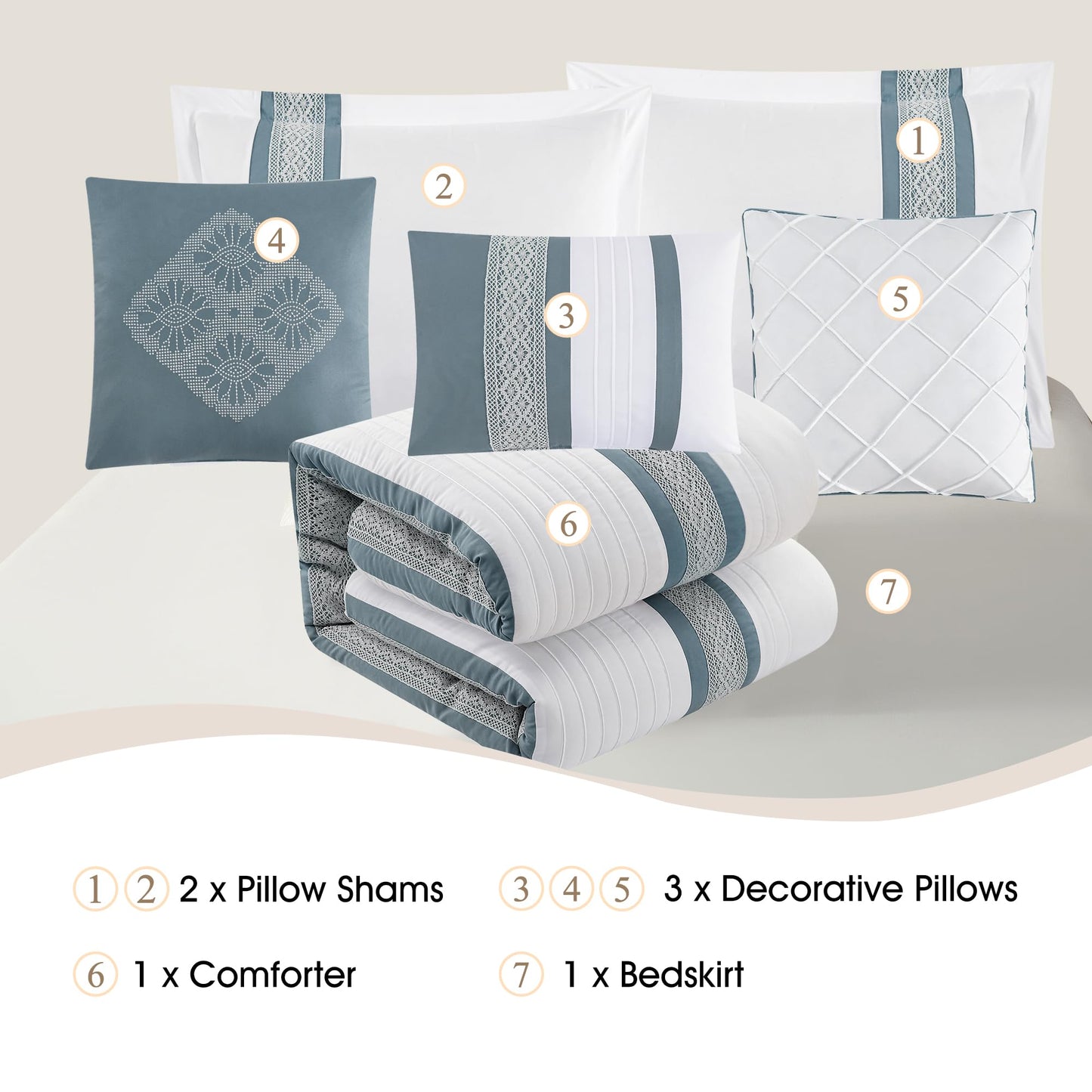 Stratford Park 7 Piece Striped Blue Comforter Set, Queen Size Microfiber Bedding, All Season Polyester Bedding Set, Matching Bed Skirt, Pillows & Shams