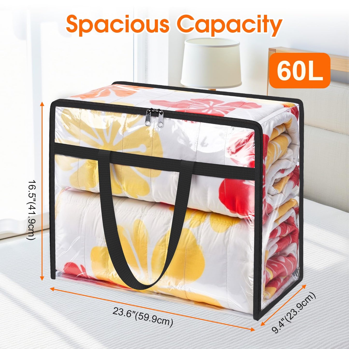 SpaceTrove Clear Clothes Storage Bags, 6 Pack Closet Organizers and Under Bed Storage Containers, Foldable Moving Bags with Zippers for Comforter, Blanket, Bedding, Duvet, PVC Packing Bags 60L