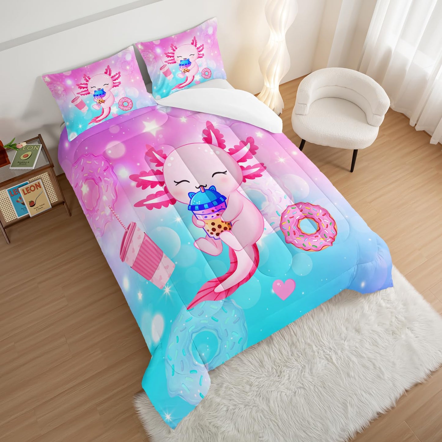 HOSIMA Axolotl Comforter Full Size Cute Animal Bedding Room Decor for Teen Girls Dessert Milk Tea Donut Bed Princess Toddler Bedding Set Fantasy Blue Purple Full Size Bed in a Bag for Adults Kids.