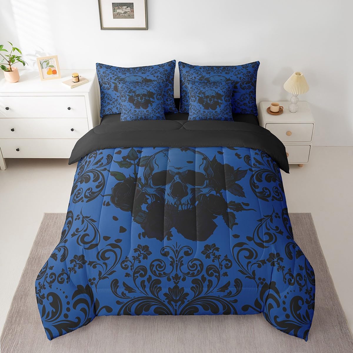 Erosebridal Rose Skull Bed in A Bag 7 Piece Queen Black Damask Floral Gothic Bedding Set Halloween Skeleton Comforter Set with Sheets for Kids Boys Adults, Gothic Hippie Skull Bed Set Blue
