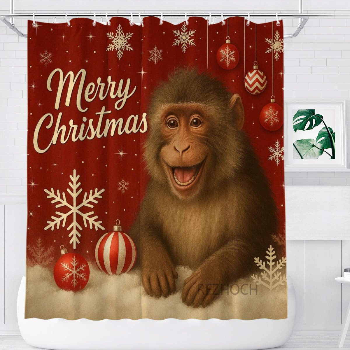 REZHOCH Christmas Funny Baboon Red Shower Curtain Durable Waterproof Fabric Bathtub Sets Cute Animal Holiday Decor Home Bathroom Winter Festival 72x72inch with 12 Hooks