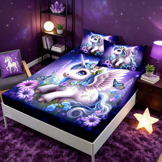 HOSIMA Unicorn Twin Fitted Sheet,Kawaii Unicorn Surrounded by Flowers Butterflies Print Animal Bedding,Lavender Pattern Princess Bedding for Kids Girls Room Decor,1 Fitted Sheet+2 Pillowcases.
