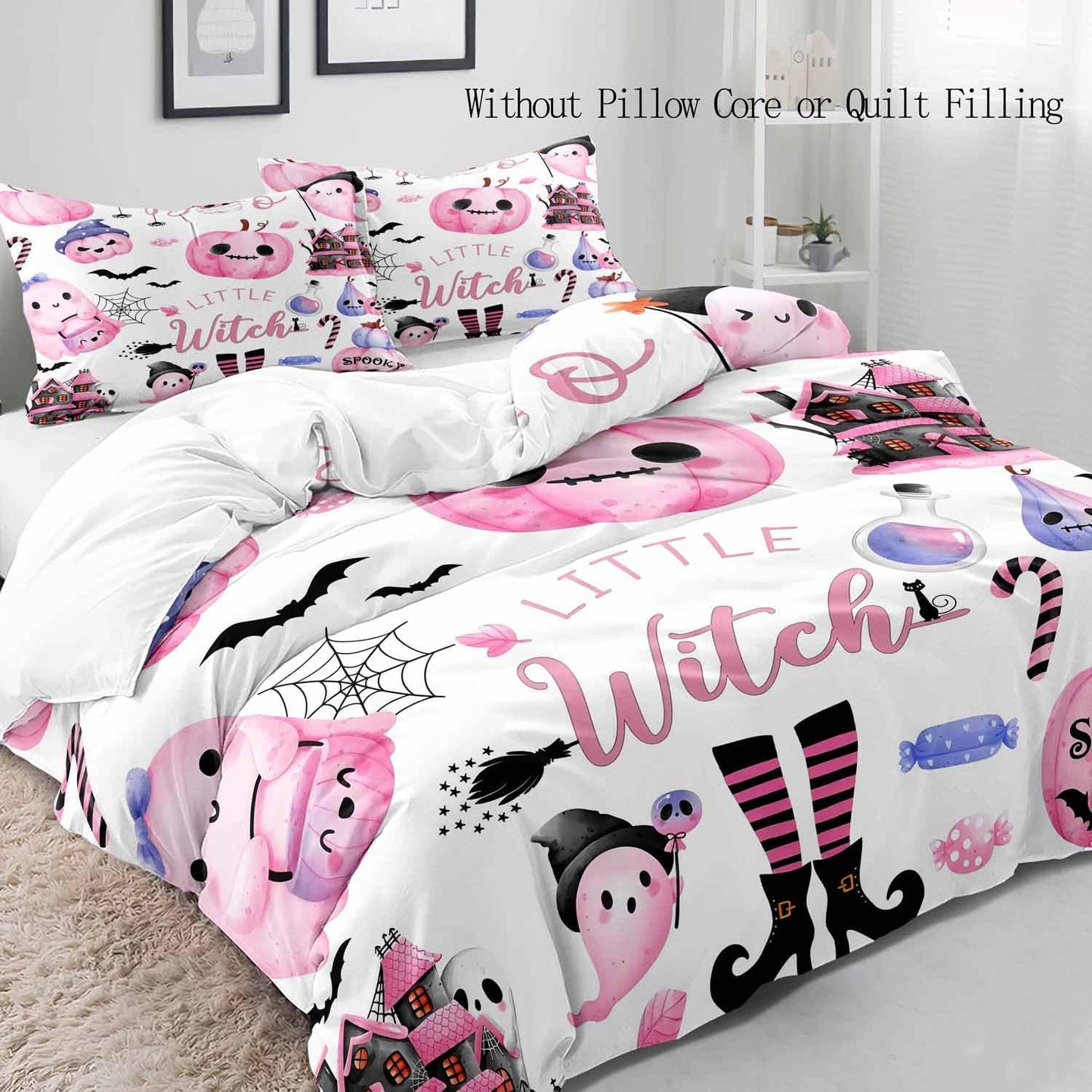 LUVIVIHOME 3PCS Pink Cute Ghost Pumpkin Duvet Cover Queen Bedding Sets, Kids Teen Girls Bedding, White Duvet Cover, Bat Spider Web Haunted House Spooky Witchy Halloween Comforter Cover, 2 Pillow Cases