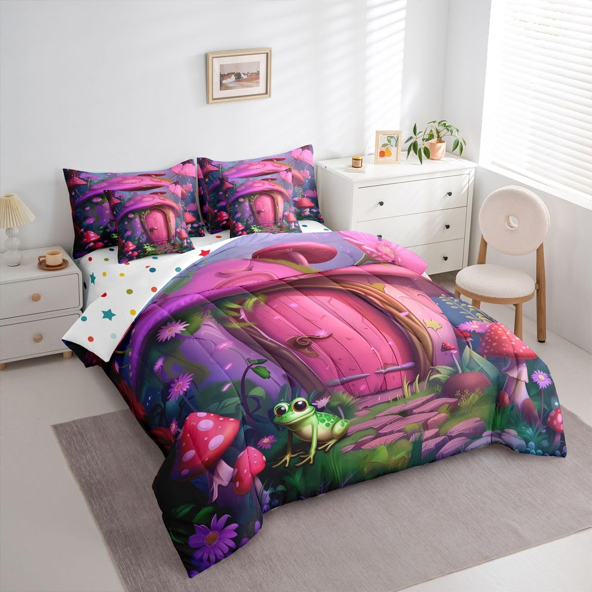 Erosebridal Comforter Set Twin Size, Cute Mushroom House 7 Pcs Bedding for Kids and Adults, Fairy Tale Frog Bed Sheet Sets with Fitted Sheet 2 Pillowcases & 2 Shams for Bedroom Bed Decor