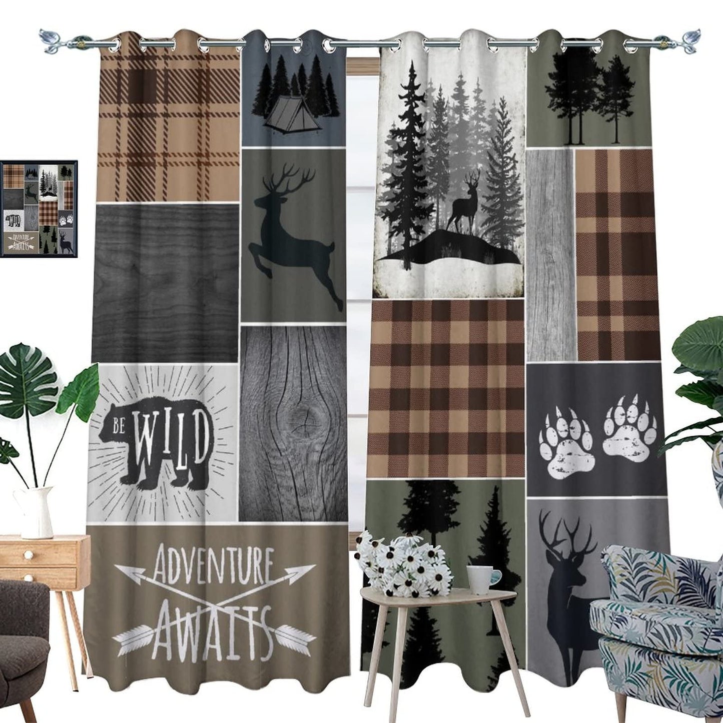 Retro Cabin Bear Deer Room Darkening Blackout Window Curtains with Grommets,Country Farmhouse Hunting Theme Wildlife Plaid Check Lodge Energy Efficient Window Treatment 2 Panels 45L x 21W