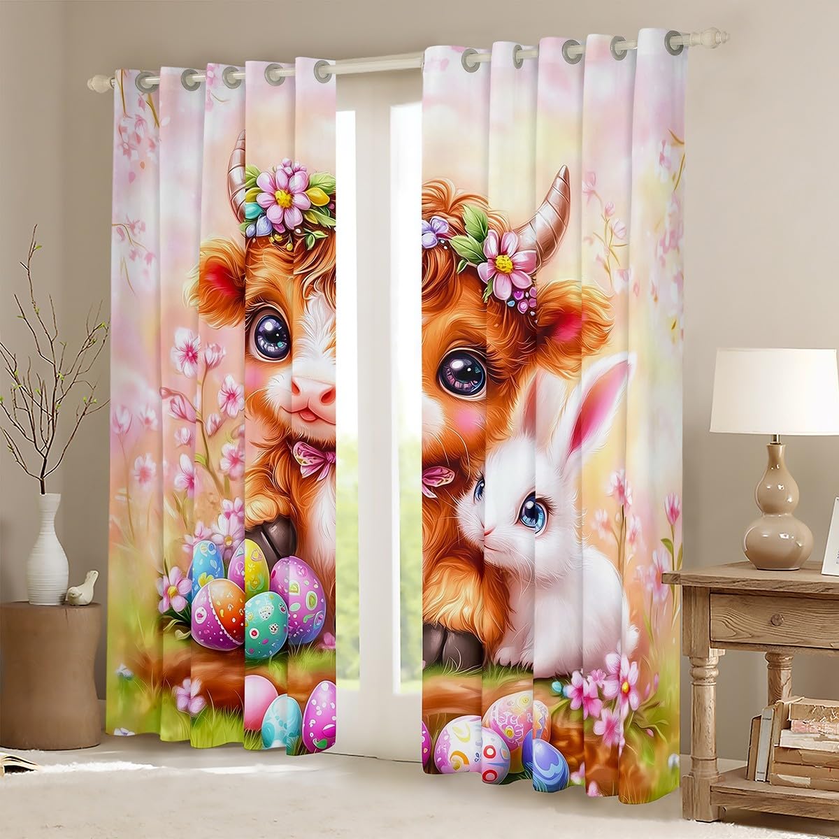 Feelyou Kids Pink Rabbit Highland Cow Curtains,Egg Floral Rabbit Window Curtains for Bedroom Living Room,Dreamy Princess Window Drapes,Happy Easter Blackout Curtains, 42W X 84L,2 Panels