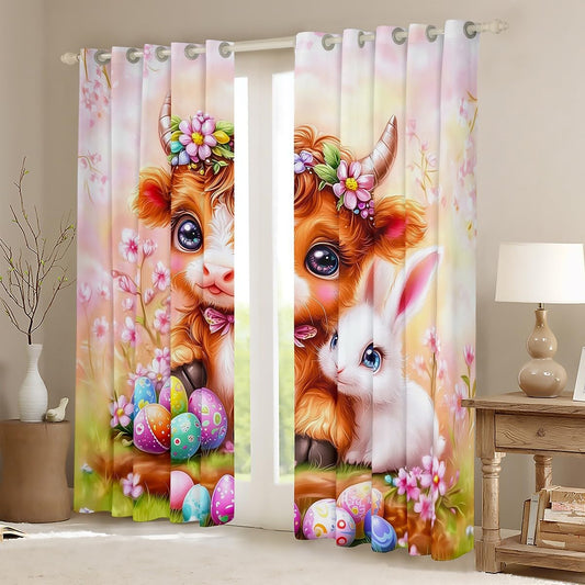 Feelyou Kids Pink Rabbit Highland Cow Curtains,Egg Floral Rabbit Window Curtains for Bedroom Living Room,Dreamy Princess Window Drapes,Happy Easter Blackout Curtains, 42W X 84L,2 Panels