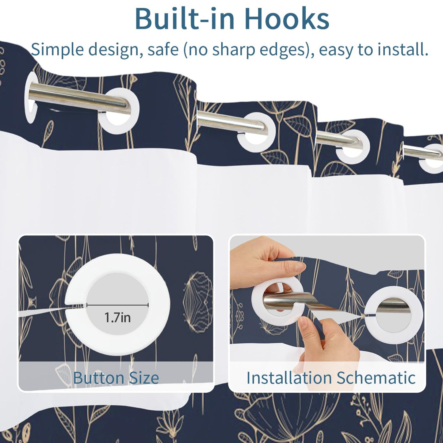 No Hook Shower Curtain with Snap in Liner Set, Dark Boho Navy Gold Forest Botanical Floral Neutral Pretty Waterproof Fabric Shower Curtain for College Dorm Hotel Apartment Bathroom Bathtub, 71x74 Inch