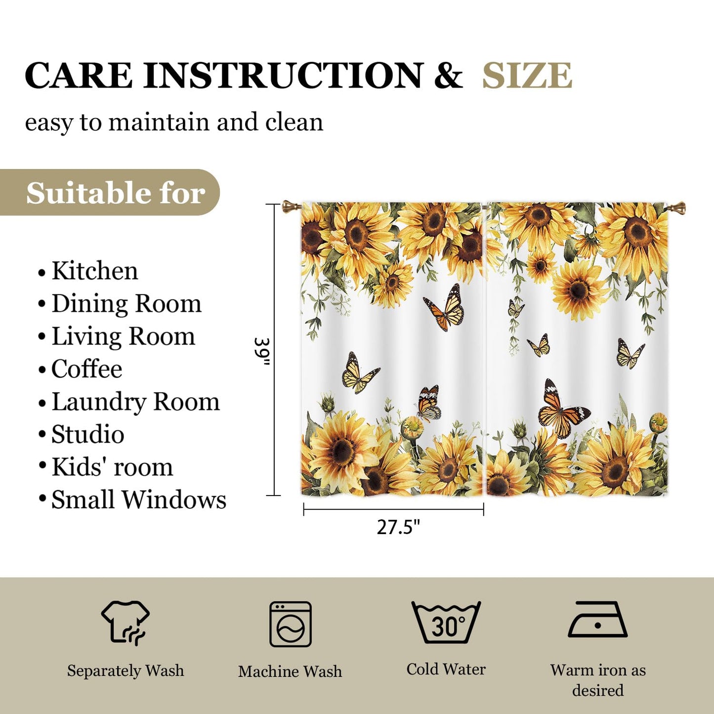 Cizuug Sunflower Yellow Floral Kitchen Curtain Rustic Country Flower Butterfly Farmhouse Over Sink Small Short Cafe Tier Bright Window Drapes Bathroom Home Decor 2 Panels