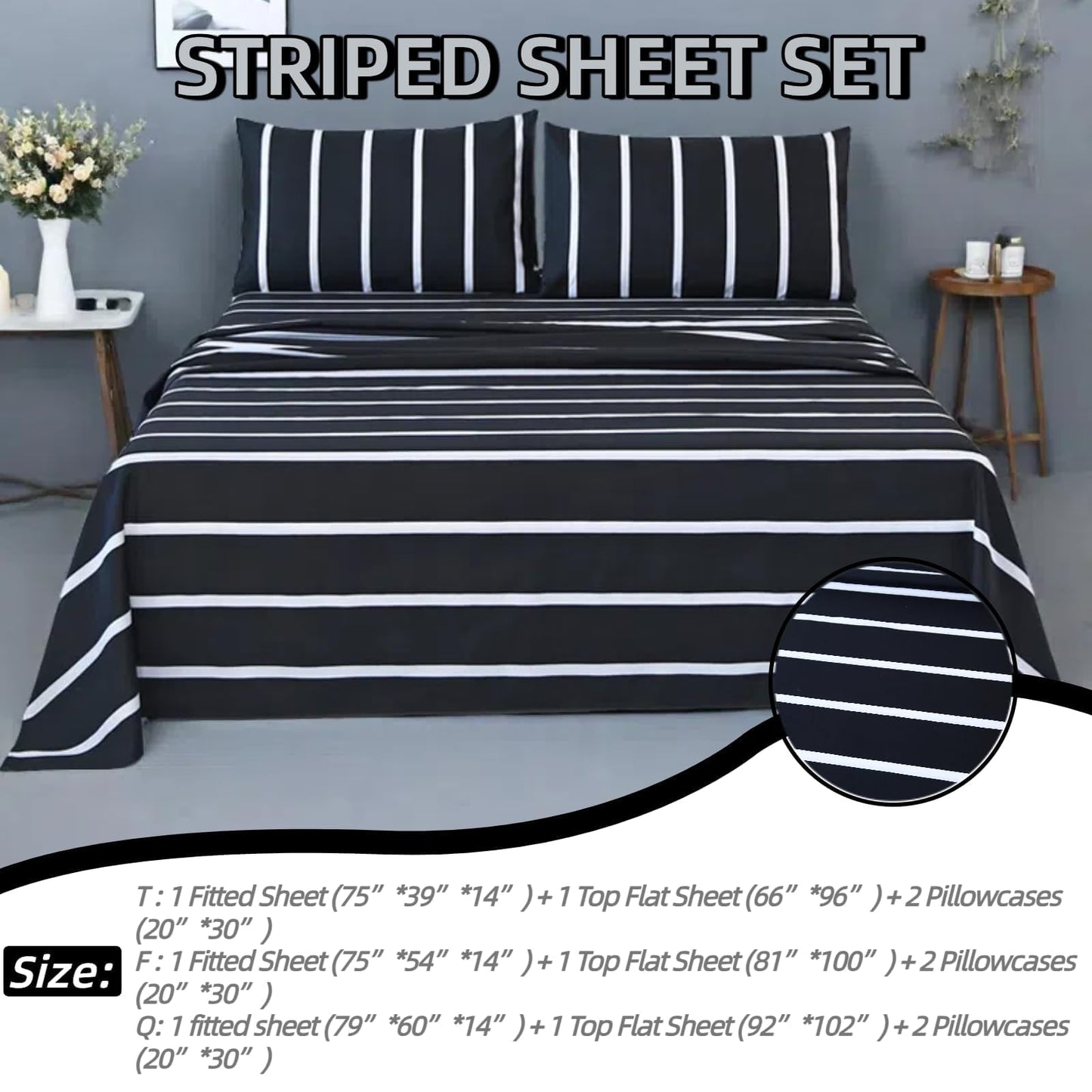 MAG 4Pcs Striped Queen Sheets Set,Black and White Microfiber Sheet Set Queen Size,Included 1 Fitted Sheet 14'' Deep Pocket+1 Flat Sheet+2 Pillowcases Soft and Breathable,Wrinkle and Fade Resistant.