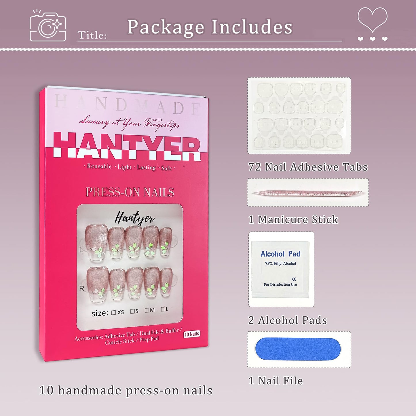 Hantyer Handmade Press on False Nails - Medium Coffin Nails, Pink Ombre French Tips with Cat Eye & Aurora Sakura Design, 10pcs Glossy Finished Reusable Gel Nails with Pearls Gift for Women (Size M)