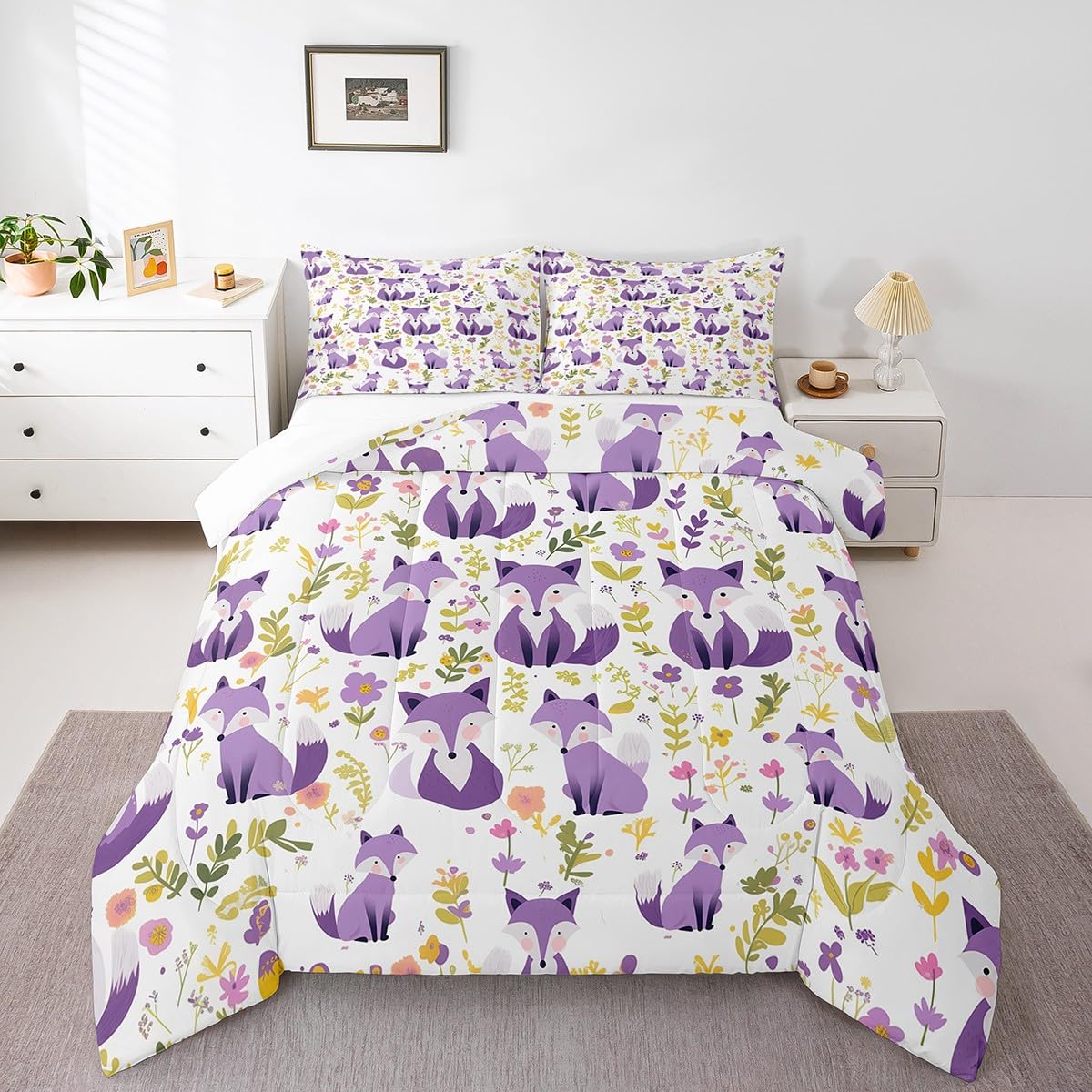 Feelyou Purple Fox Comforter Set Twin Size Kids Cute Cartoon Fox Bedding Set for Boys Girls Teens Animal Floral Comforter Breathable Woodland Fox Duvet Set Nature Wildlife Quilt Set