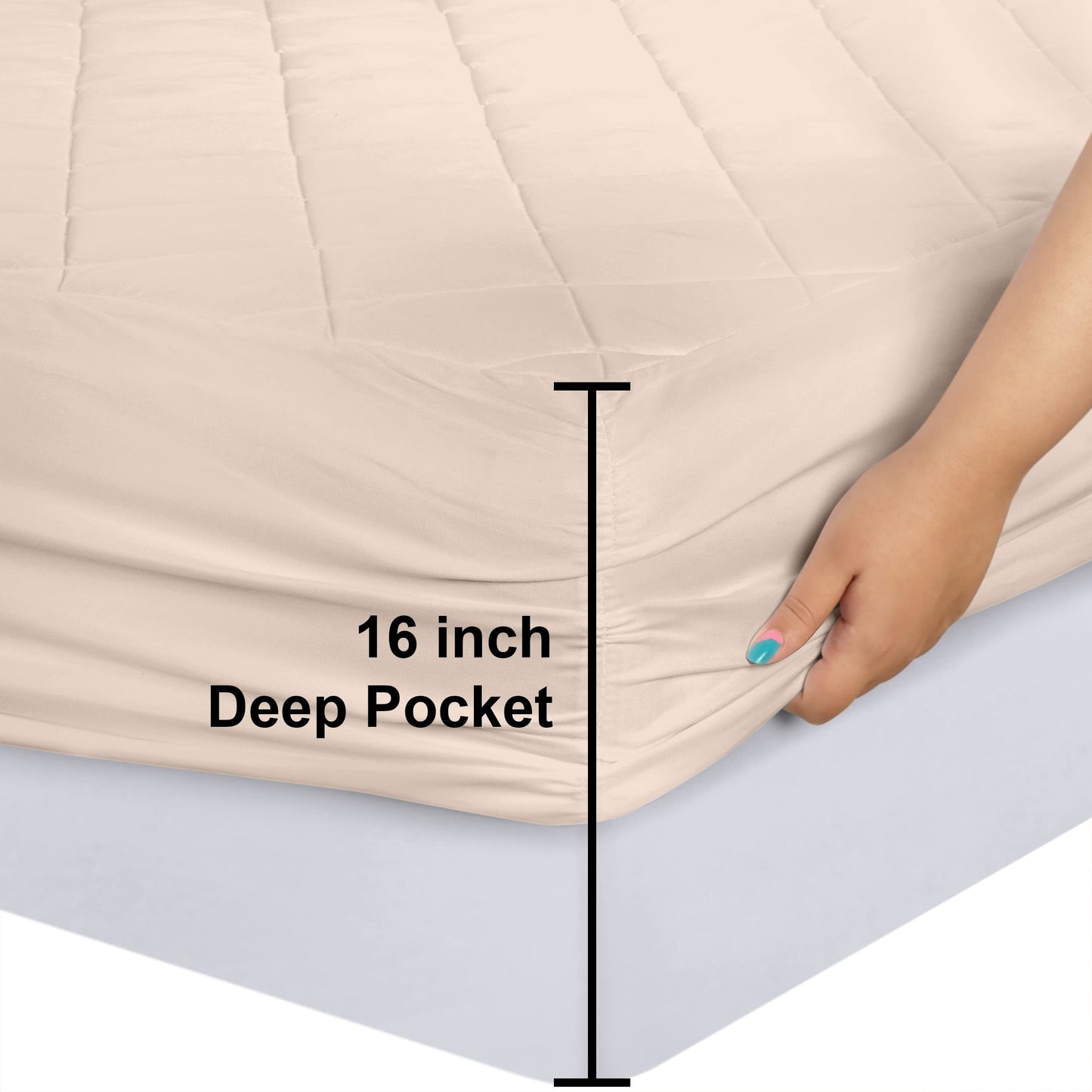 Quilted Fitted Mattress Pad, Queen Mattress Protector Topper with Deep Pocket Stretches up to 16 Inches, Machine Washable Mattress Cover by Utopia Bedding (Beige)