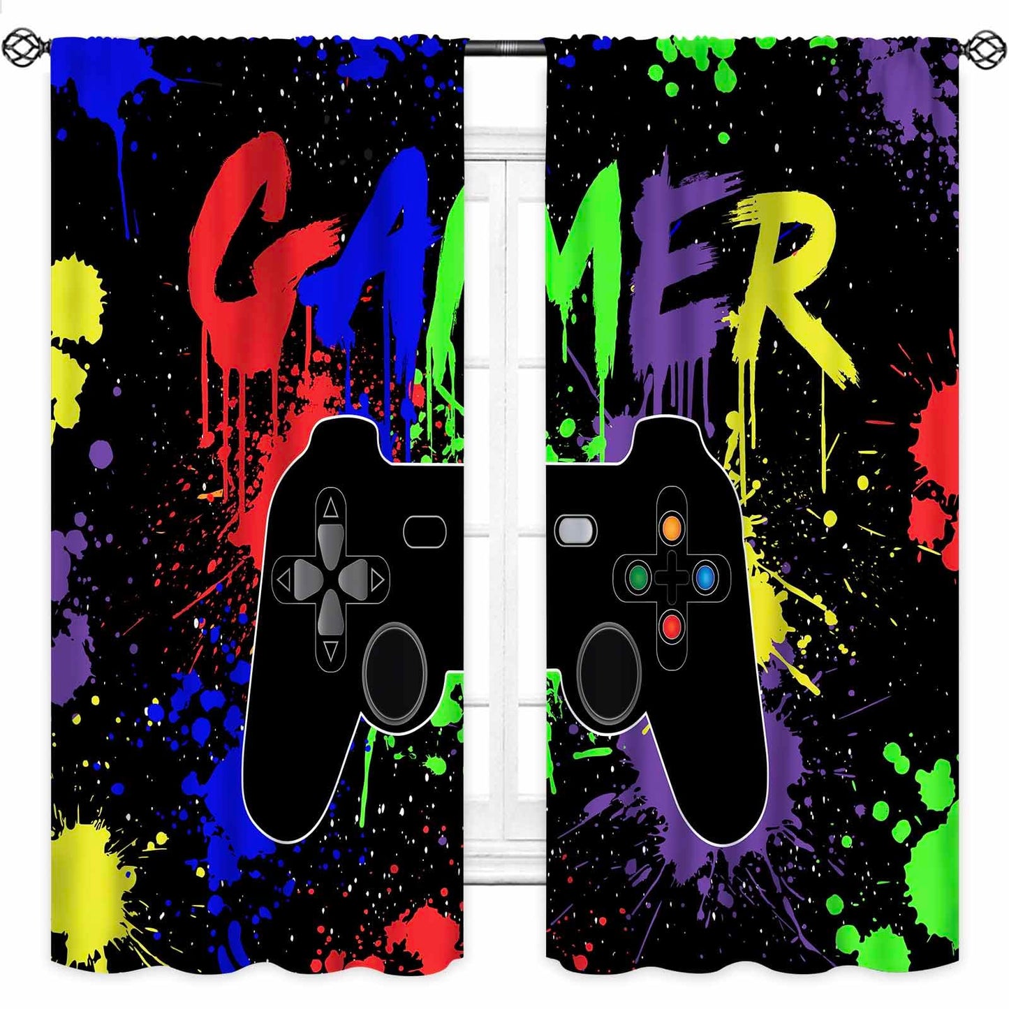 Gaming Curtains for Boys Bedroom,Colorful Graffiti Gamepad Video Gamer Themed Teen Kids Playroom Living Room Rod Pocket Window Treatments Drapes 2 Panels,42X45 Inch