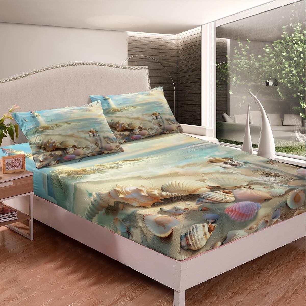 jejeloiu Beach Theme Fitted Sheet Full Size Kids Summer Ocean Wave Lighthouse Bed Sheets Set for Boys Girls Teens Sea Marine Coastal Starfish Seashell Conch Bedding Set Room Decor