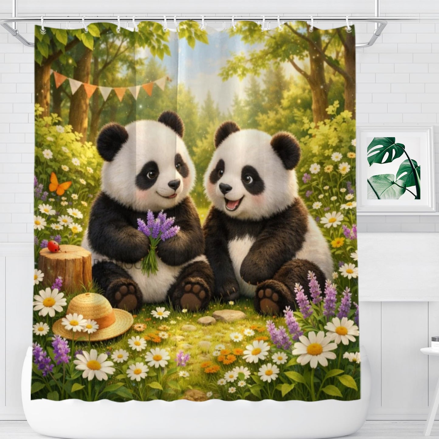 REZHOCH Funny Panda Shower Curtain 72x72Inch,Forest Wildflower Rustic Home Bathroom Decor,Cute Animal Floral Nature Woodland Farmhouse Waterproof Fabric Bath Set with Hooks