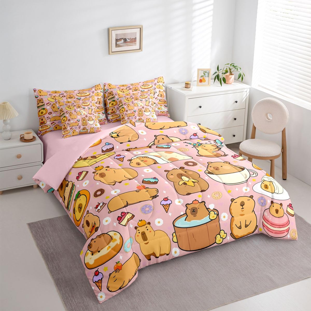 Funny Cute Capybaras 7 Pieces Bedding Set Twin Size,Capybara Lover Bed in a Bag,Kawaii Rodent Animals Bed Set Includes Comforter,Sheet Set,Pillowcases & Pillow Covers,Cakes Ice Creams Bedroom Decor