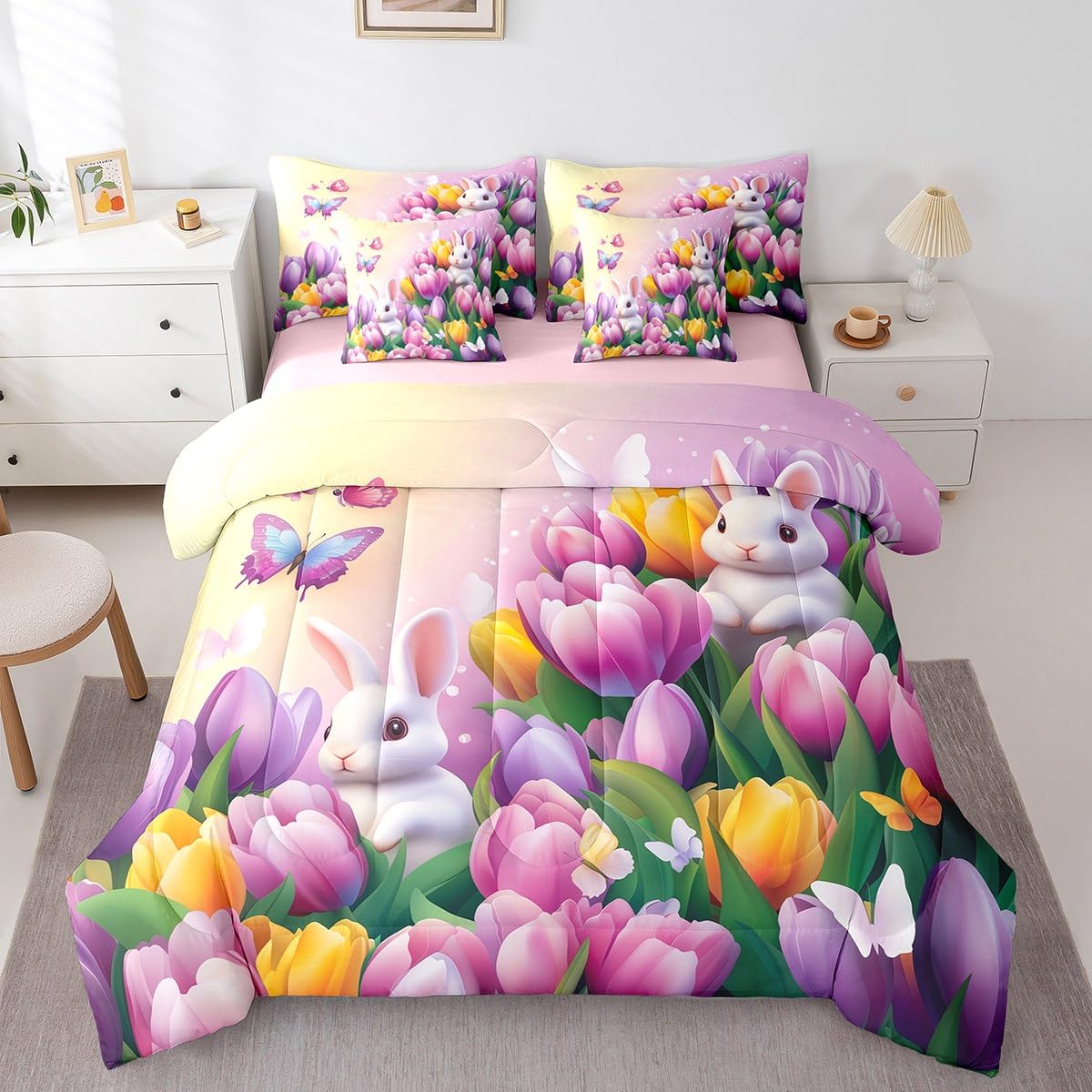 Erosebridal Pastel Tulip King Comforter Set 7 Piece Spring Tulip Flowers Bedding Set Pink Purple Garden Floral Bed in A Bag Cute Kawaii Rabbit Sheet Set with Comforter for Kids Boys Girls