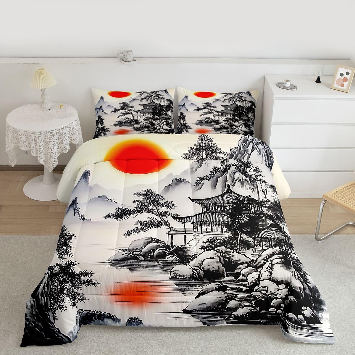 jejeloiu Chinese Ink Painting Kids Comforter Set Queen Size Japanese Style Bedding Set Red Sun Duvet Quilt for Kids Boys Girls Bedroom Mountain Decor Microfiber Ultra Soft Breathable