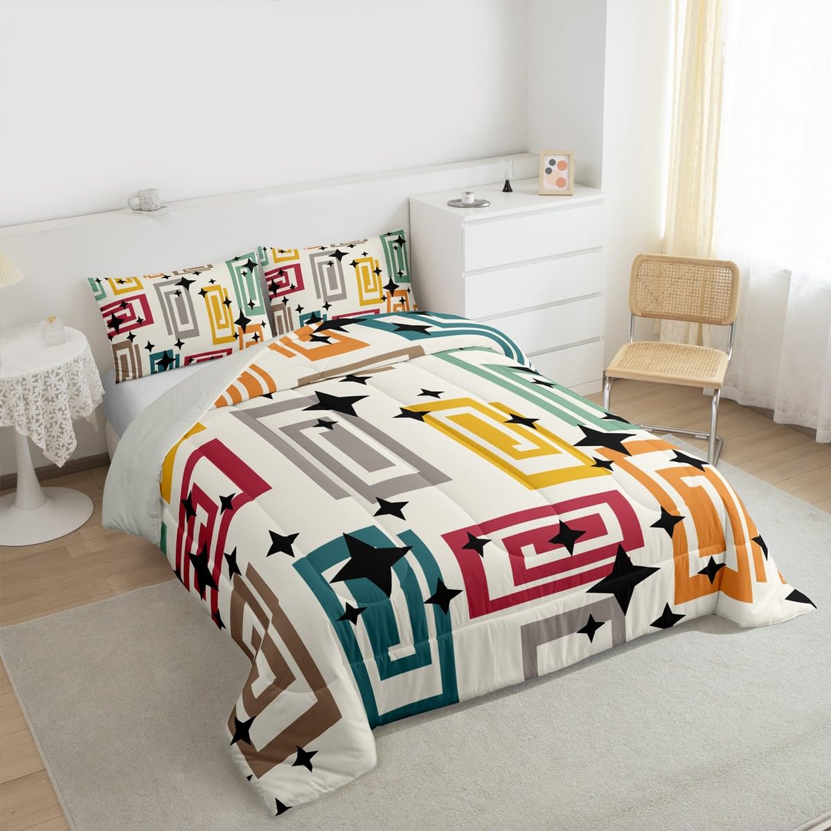 Erosebridal Boho Abstract Geometric Bedding Set King Colorful Geometric Pattern Comforter Set for Kids Boys Girls Black Stars Print Down Comforter,Bohemia Modern Art Quilt Duvet