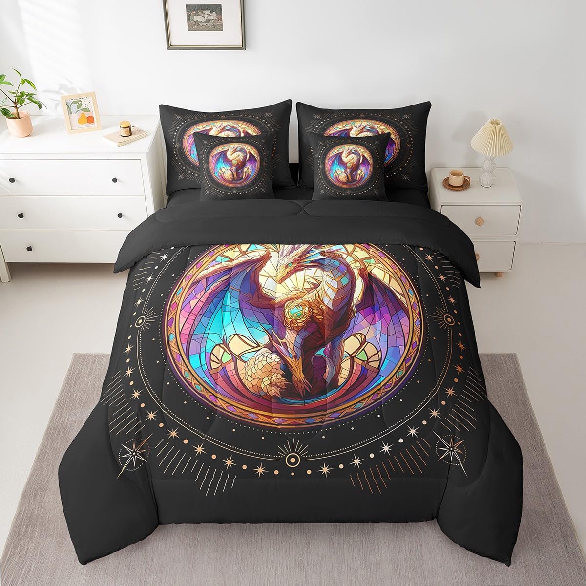 Feelyou Dragon Comforter Set with Sheets Twin Size Dragon Stuff Bed in a Bag for Boys Girls Teens Wild Life 7 Pieces Bedding Set Dragon Decor Bed Set Room Decor Black Yellow