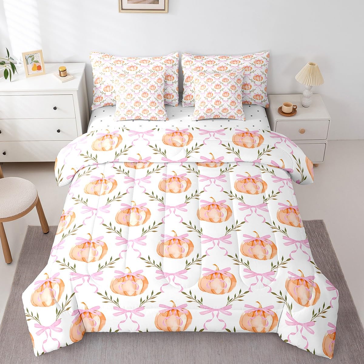 Castle Fairy 7 Pieces Fall Pumpkin Comforter Set Full Size,Pink Bow Grid Bedding Sets Kids Girls Boys Women Palm Leaves Nature Botanical Quilt + Fitted & Flat Sheets + 2 Cushion Cover + 2 Pillowcases