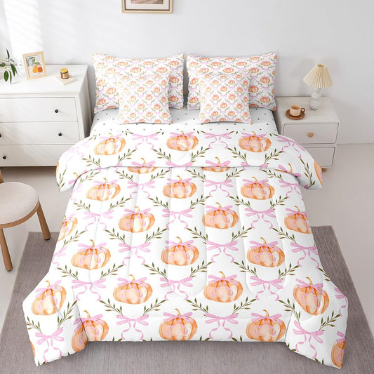 Castle Fairy 7 Pieces Fall Pumpkin Comforter Set Full Size,Pink Bow Grid Bedding Sets Kids Girls Boys Women Palm Leaves Nature Botanical Quilt + Fitted & Flat Sheets + 2 Cushion Cover + 2 Pillowcases