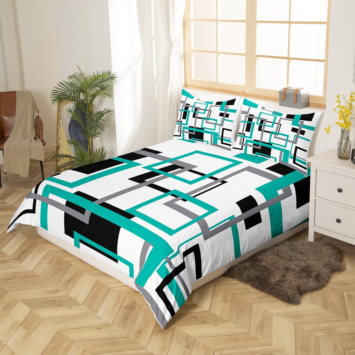 Erosebridal Square Duvet Cover for Teens Youth,Black White Blue Bedding Set,Geometric Comforter Cover Modern Bedroom Decor,Mid Century Grid Bed Sets with 2 Pillowcases Zipper&Ties,Queen