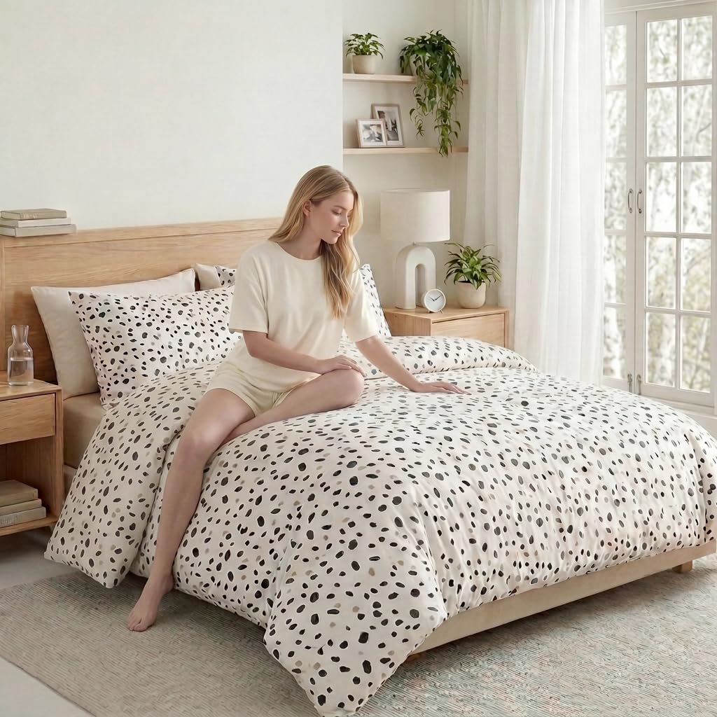 Cozaline 100% Cotton Duvet Cover Queen Size, Pink and Brown Dalmatian Spotted Bedding Set with Zipper Closure, Modern Irregular Speckled Comforter Cover with 2 Pillowcases for All Seasons